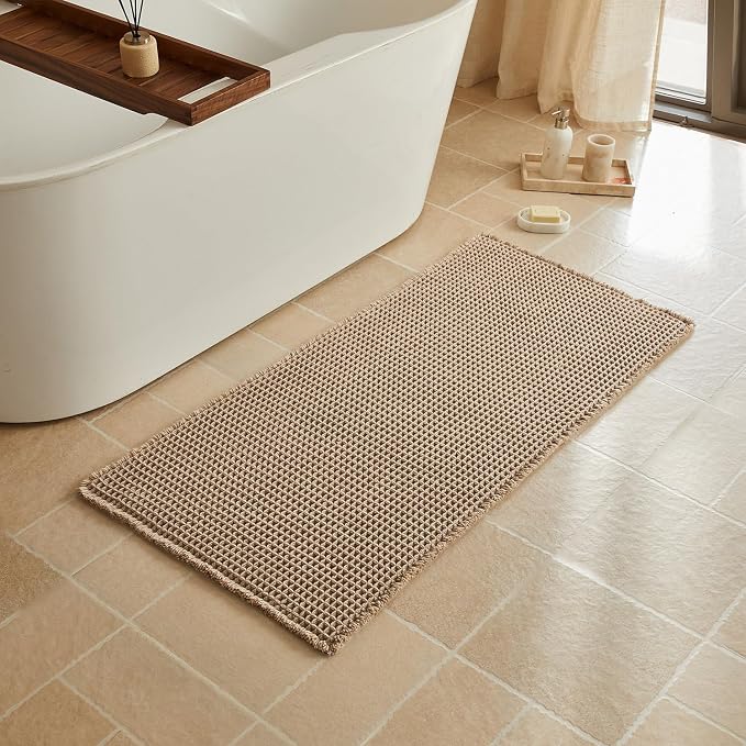 Triohero Waffle Bath Mat, Boho Bathroom Rugs Non Slip Washable, Ultra Soft Super Absorbent Quick Dry Farmhouse Bathroom Decor, 24" x 48", Beige