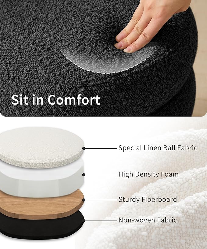 Busaurus Round Ottoman with Storage for Living Room Small Boucle Foot Stool Modern Upholstered Vanity Stool Ottoman Foot Rest for Dorm Corner Home Decor, Set of 2 (Black)