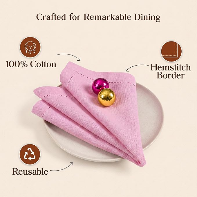 Hemstitch Cloth Napkins, Set of 12-100% Cotton Dinner Napkins 18x18 - Soft Absorbent Cloth Napkins for Wedding & Formal Dinner - Holiday, Christmas Cotton Dinner Napkins - Baby Pink