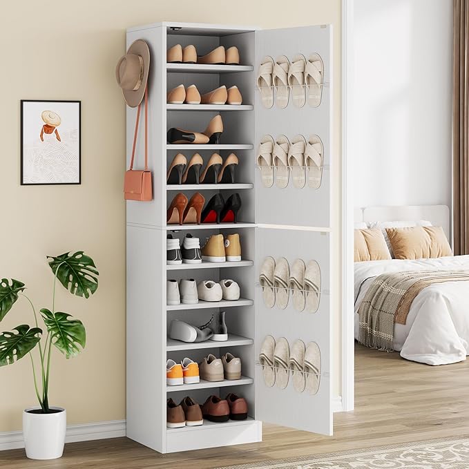 Shoe Cabinet with Slipper Rack Set of 2, 10-Tier Narrow Tall Shoe Storage Cabinet with Adjustable Shelves Modern Shoe Organizer Cabinet for Entryway, White
