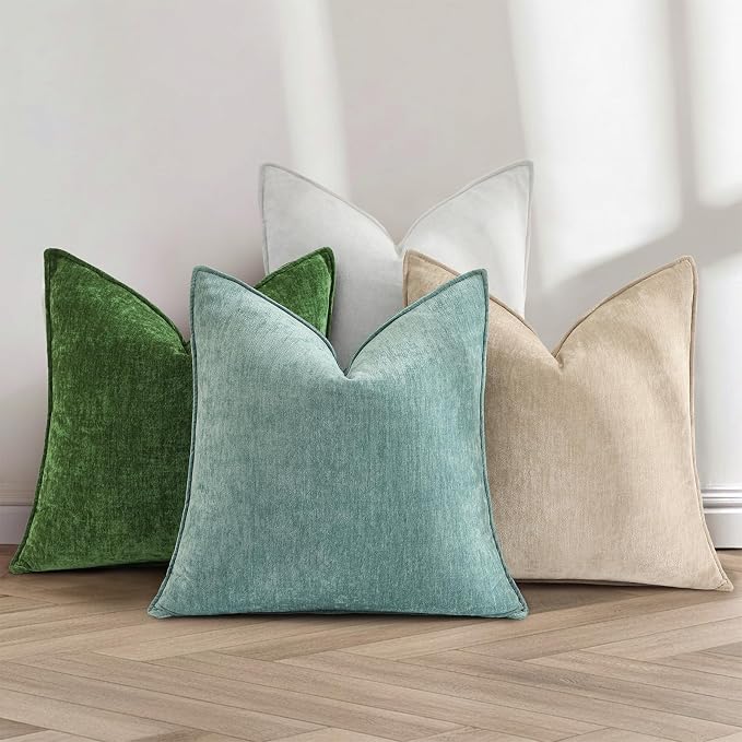 decorUhome Summer Couch Euro Sham Throw Pillow Covers 22x22 Set of 2, Decorative Soft Velvet Modern Cozy Chenille Pillow Cases with Elegant Design for Sofa Bed Living Room Home Decor, Moss Green