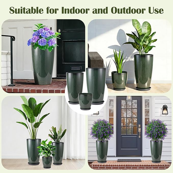 24-21-11 Inch Tall Planters Set of 3, Indoor Outdoor Green Glossy Round Planter with Drainage Hole and Saucer, Large Decorative Plant Pots for Home Garden Porch (Green)