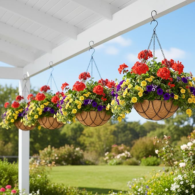 4pcs 14 inch Metal Hanging Baskets Round Wire Plant Stand with Coco Lining Cushion Decorative Planter Hanger Garden Indoor Outdoor Watering Hanging Basket （DQ）