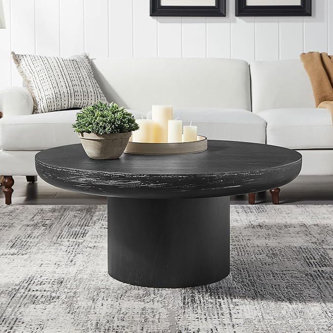 35.98'' Round Coffee Table, Circle Wood Black Coffee Table for Living Room, Modern Retro Style Pedestal Coffee Table, Easy Assembly, Black-ø35.98''