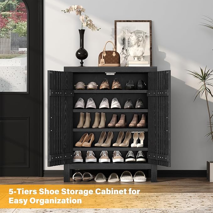 UNIQUITE Wooden Shoes Cabinet with Adjustable Shelves, Retro Freestanding Shoe Organizer Cabinet for Entryway Hallway Living Room, 5-Tier Shoe Cabinet with Doors for 20 Pairs, Black