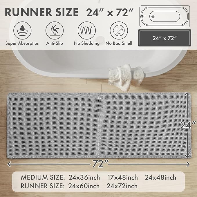 MIULEE Waffle Bathroom Runner Rugs, Super Absorbent Non Slip Bath Rug, Upgraded Soft Quick Dry Washable Boho Long Bath Mat with Tassels for Hallway Laundry Room Bedroom, 2'x6' (24"x72"), Light Grey