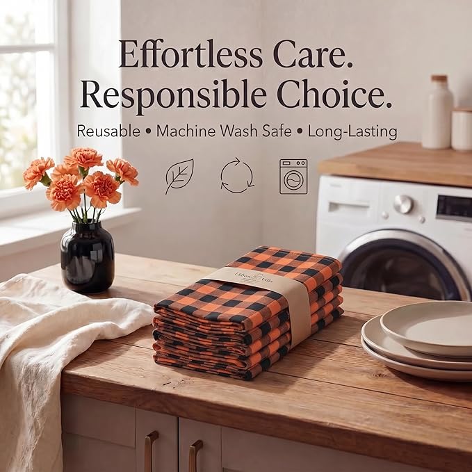 Urban Villa Cloth Napkins 100% Cotton Highly Absorbent Washable Durable Reusable Premium Dinner Napkins Ideal for Gifts for Mothers Day Hotel Farmhouse Parties - Orange/Black (20" x 20", Set of 12)