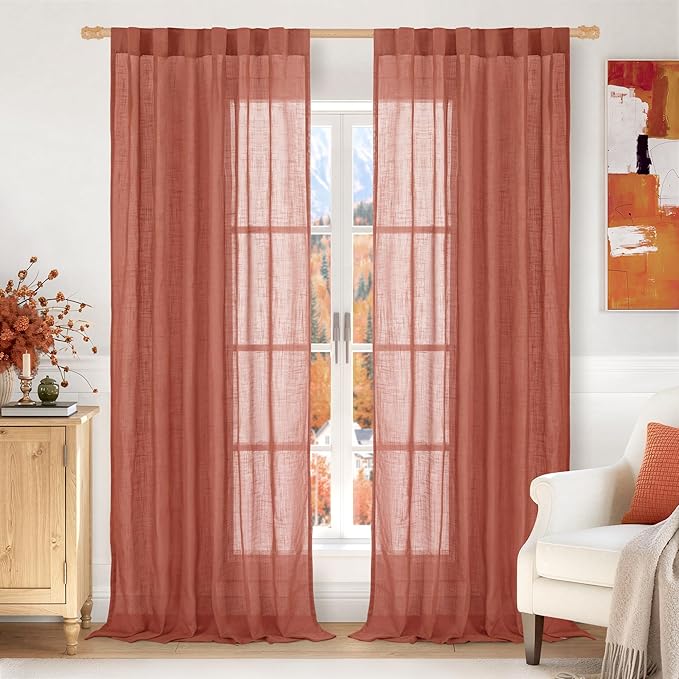 LAMIT Terracotta Linen Semi Sheer Curtains 96 Inches Long 2 Panels, Light Filtering Rustic Boho Panels Back Tab and Rod Pocket Floor to Ceiling Drapes for Living Room/Sliding Glass Door, 52 x 96 Inch