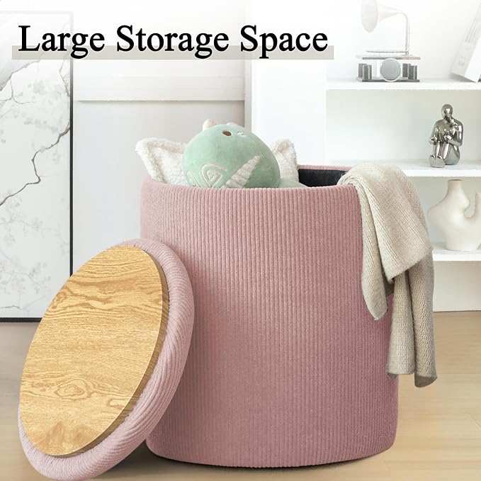 YSICK Round Ottoman with Storage, Set of 2, Small Vanity Stool as Vanity Chair, Corduroy Ottoman Foot Rest for Small Space, Living Room, Bedroom, Pink