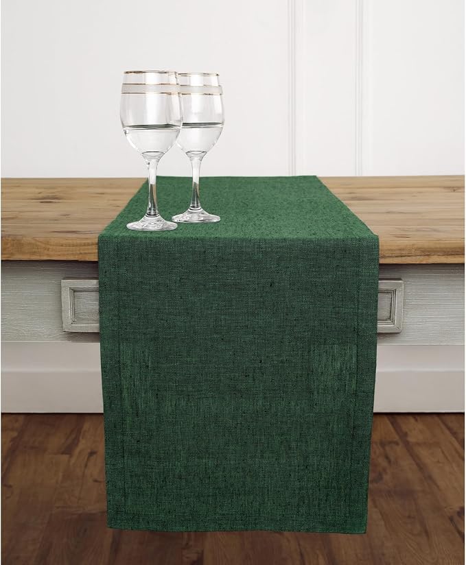 Solino Home Linen Table Runner 132 Inches Long - Athena, 100% Pure Linen Forest Green 14 x 132 Inch Table Runner for Dining
