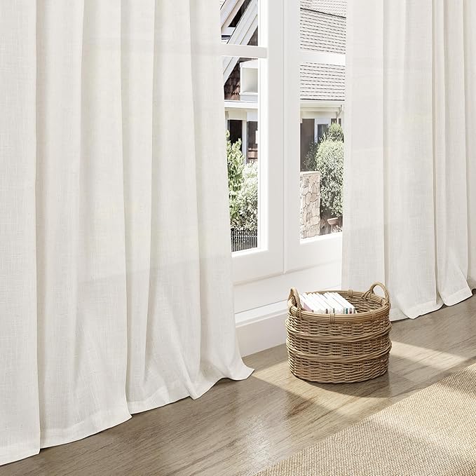 Nanspring Extra Long Beige White Curtains 105 Inch Long 2 Panels for Living Room Extra Long Back Tab Neutral Farmhouse Light Transmitting Semi Transparent Linen Curtains for Large Windows