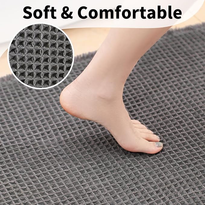 Bathroom Runner Rug Set 2 Piece - Long Waffle Bath Mat for Double Sink, Washable Bathroom Mats Non Slip Absorbent Boho Decor, 18x30 & 24x60, Dark Grey