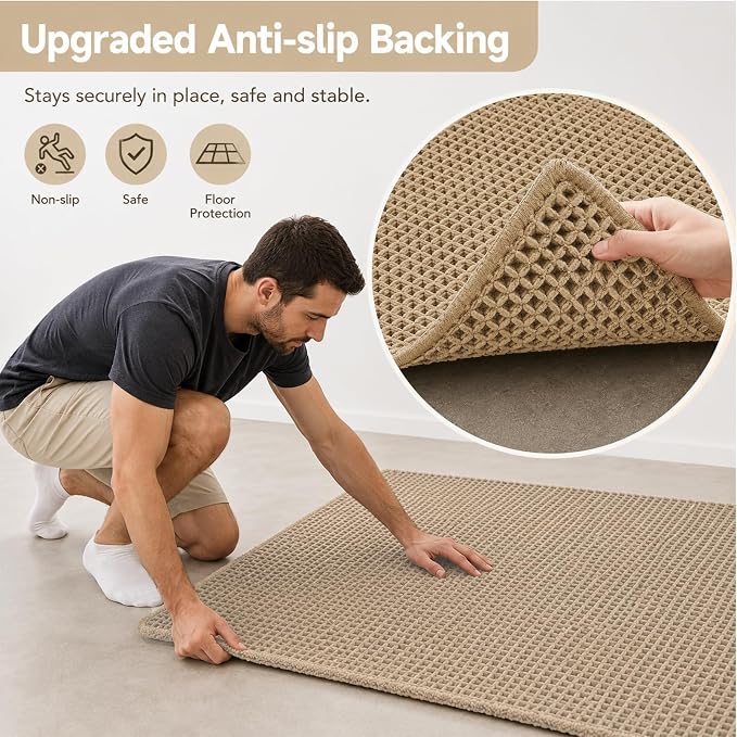 Upgraded Waffle Bath Mat with Rubber Backing Non-Slip Boho Bathroom Rug with Tassels, Ultra Absorbent & Soft Woven Shower Mat, Machine Washable, Multi-Size Options (Beige, 24"×72")