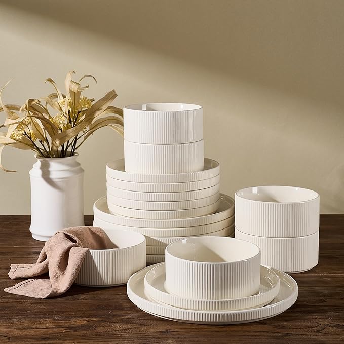 Star 18-Piece Plates and Bowls Set, Porcelain Dinnerware Sets for 6 Service, Modern Dish Set-Chip and Scratch Resistant, Dishwasher & Microwave Safe, Creamy White
