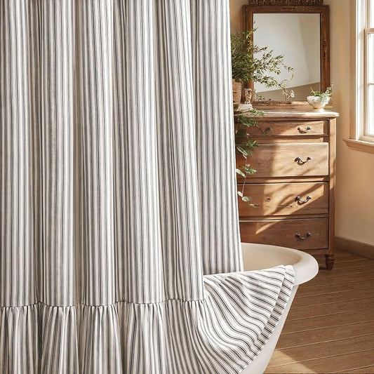 Farmhouse Shower Curtain with Ruffle Hem Linen Shower Curtains for Bathroom Country Vintage Rustic Natural Fabric, Cream-Black Stripe 72" W x 96" L