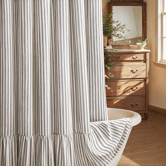 Farmhouse Shower Curtain with Ruffle Hem Linen Shower Curtains for Bathroom Country Vintage Rustic Natural Fabric, Cream-Black Stripe 72" W x 72" L