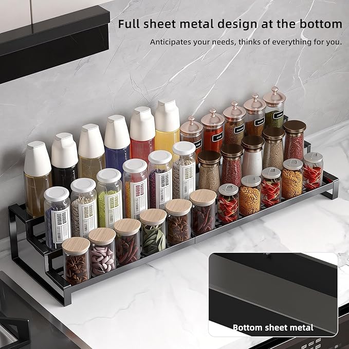 3 Tier Expandable Spice Rack Organizer, Heavy-Duty Black Metal Seasoning Organization Shelf for Cabinet, Kitchen & Pantry, Tiered Spice Shelf With Safety Lock, For Jars & Bottles, Countertop Storage