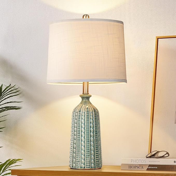 JUNNAI Green Ceramic Table Lamp 24.5": 3-Way Dimmable Nightstand Lamp with White Drum Lamp Shade | Modern Bedside Lamp for Bedrooms & Living Room (Bulb Included)