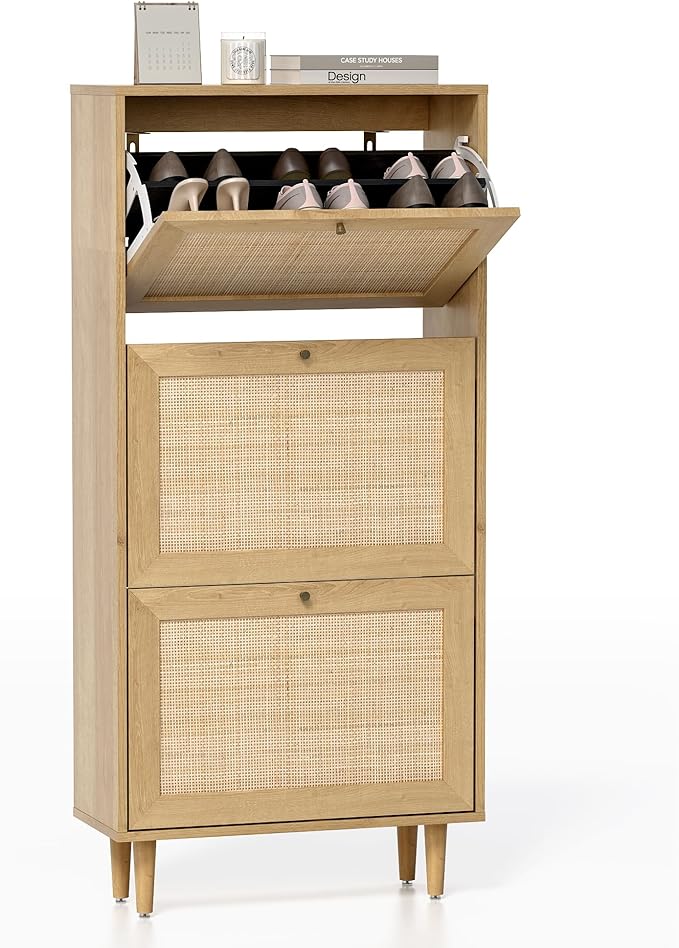 EYYTHUNG Rattan Shoe Cabinet Set of 2 Narrow Shoe Storage Cabinet with 6 Flip Drawers Hidden Freestanding Shoe Rack Organizer with Wood Legs for Entryway Slim, Hallway, Natural Oak