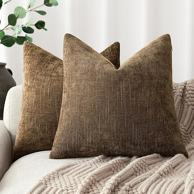 Foindtower Pack of 2 Soft Textured Chenille Throw Decorative Pillow Covers Square Accent Solid Cushion Cover Neutral Farmhouse Pillow Case for Couch Sofa Bedroom Living Room 24x24 Inch,Taupe Brown