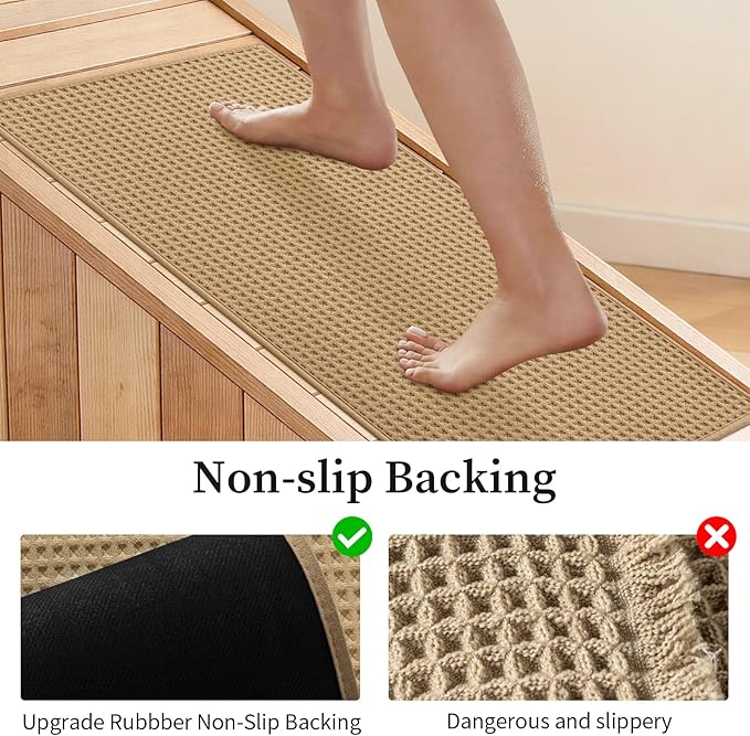 YIHOUSE Waffle Ultra Thin Bath Mat, Soft & Absorbent Bathroom Rug, Non-Slip Rubber Backed, Quick Dry Shower Mat, Boho Farmhouse Bathroom Decor, Machine Washable, Khaki, 17 * 24 (U-Shape)