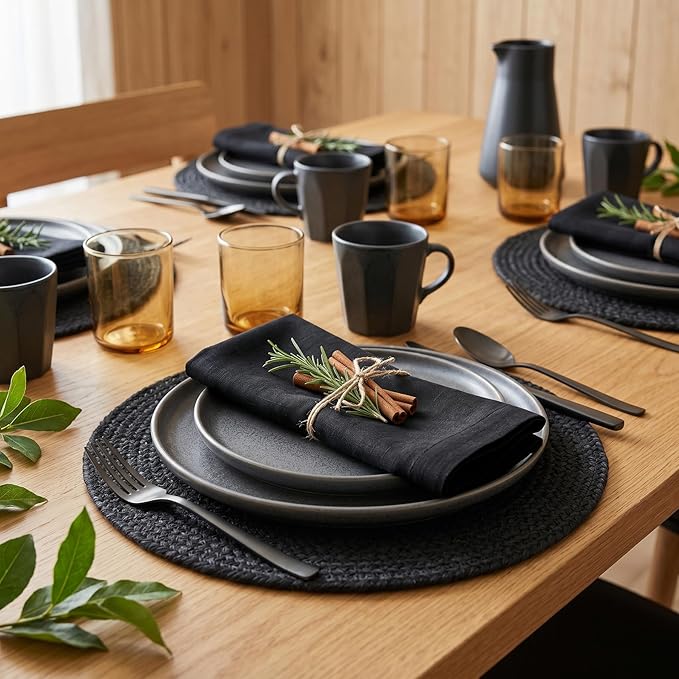 Solino Home Black Linen Napkins Set of 4-100% Pure Linen Cloth Washable Dinner Napkins 20 x 20 Inch for Mothers Day - Fete