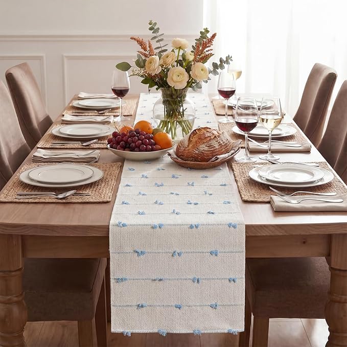 Artoid Mode Sky Blue Boho Farmhouse Cotton Woven Table Runner, Seasonal Summer Kitchen Dining Table Decoration for Home Party Decor 12x108 Inch