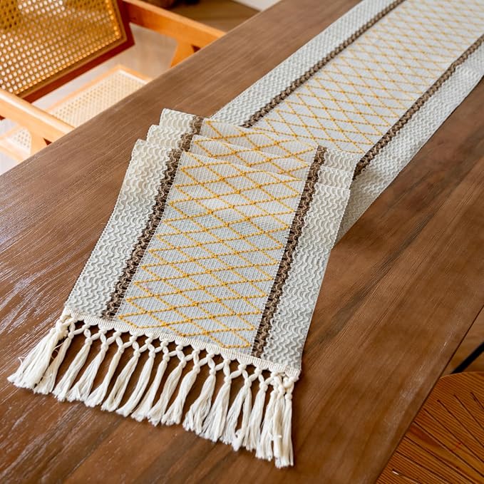 EMMTEEY Macrame Table Runner Boho Style - Scratch & Heat Resistant, Hexagonal Grid Cotton Linen Table Runner with Tassels for Home Decor/Bedroom (12"X36", Yellow)