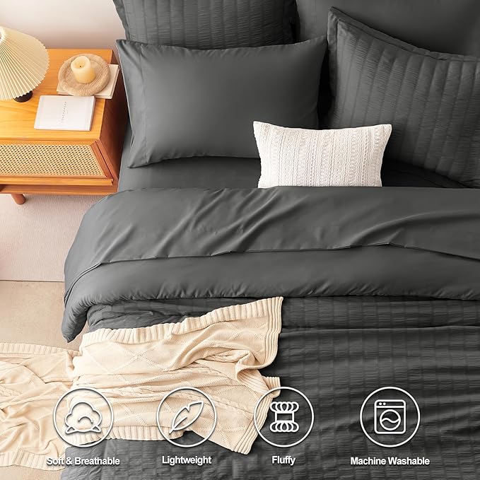 CozyLux Twin Comforter Set with Sheets 5 Pieces, Dark Grey Seersucker Textured Bed in a Bag, Dark Gray Luxury Soft Bedding Sets with Down Alternative Comforter, Sheets, Pillowcase & Sham All Seasons