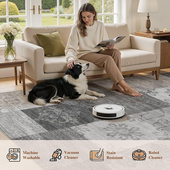 UERMEI 5x7 Area Rug for Living Room - Washable Vintage Carpet, Non-Slip Soft Large Indoor Floor Rugs for Bedroom Home Office & Under Dining Table Decor, Gray Block