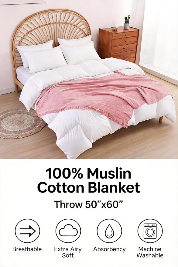100% Cotton Muslin Throw Blanket for Bed, Couch, Small, Decorative, Soft, Pre-Washed, Breathable and Lightweight Gauze Blanket with Tassels, Pink, 50"x60"