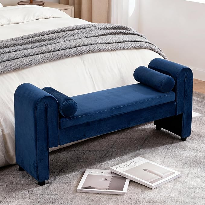 60.5" End of Bed Bench Storage Bench for Bedroom,Soft Velvet Upholstered Ottoman Bench with Rolled Arms, Eentryway Bench with Storage for Living Room,Hallway, Dressing Room (Dark Blue)