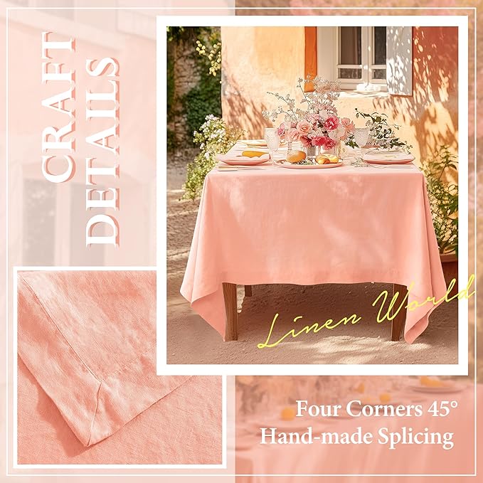 Linen World Linen Tablecloth,100% French Natural Flax Tablecloth 55" x 55" Inch,Washable Square Table Cloth for Dining,Outdoor,Weddings and Restaurants,Decorative Christmas,Peach Pink