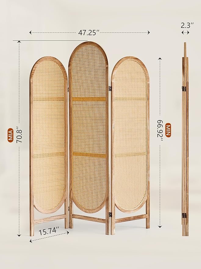 3 Panel Room Dividers and Folding Privacy Screens, Wooden Room Divider with Bi-Directional Hinge, Pre-Assembled Hand-Made Rattan Privacy Dividers for Balcony, Bedroom, Hotel Decorations