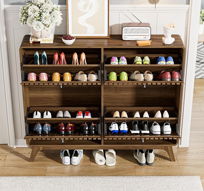 Jluomei Large Shoe Cabinet for Entryway, Bamboo Narrow Shoe Cabinet Storage with 4 Flip Drawers, Slim Fluted Shoe Rack Organizer for Entry Way, Hallway, Thin, Skinny, Wood, Walnut