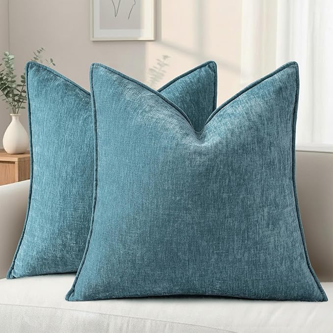 decorUhome Summer Couch Euro Sham Throw Pillow Covers 26x26 Set of 2, Decorative Soft Velvet Modern Cozy Chenille Pillow Cases with Elegant Design for Sofa Bed Living Room Home Decor, Teal