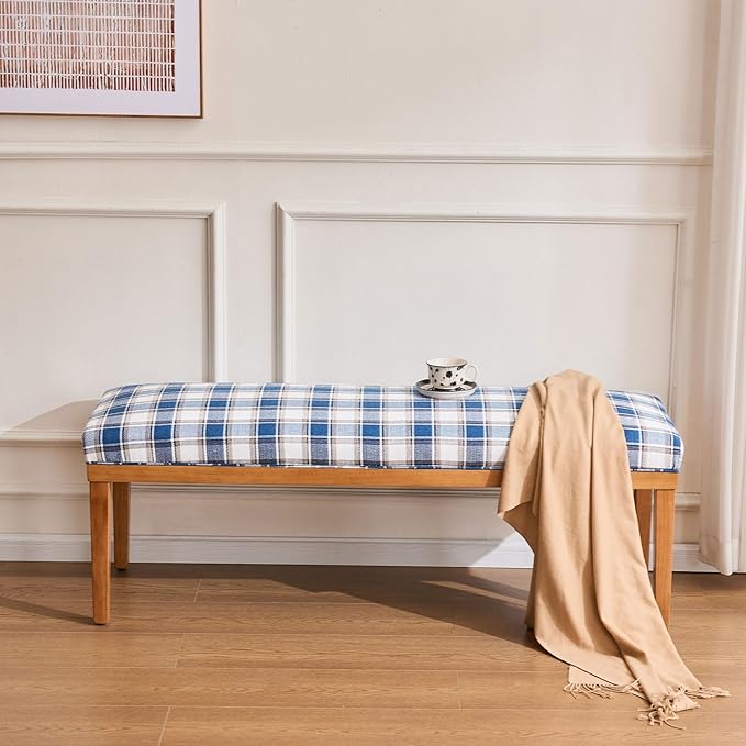 Rowill 53 Inch Long Entryway Bench for Bedroom End of Bed, Dining Room Bench with Upholstered Padded Seat and Solid Wood Leg for Kitchen, Living Room, Indoor and Hallway, Blue