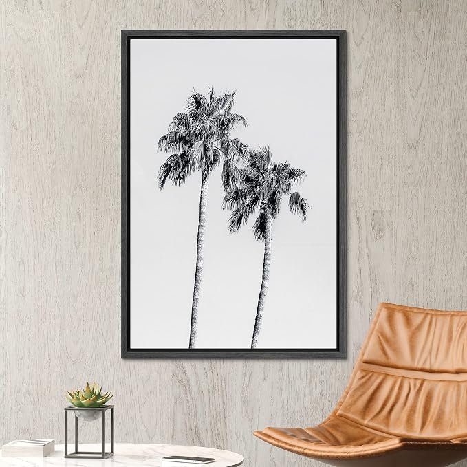 SIGNWIN Framed Canvas Print Wall Art Duotone Black & White Beach Palm Tree Duo Nature Wilderness Photography Realism Rustic Multicolor Relax/Calm for Living Room, Bedroom, Office - 24"x36" Black