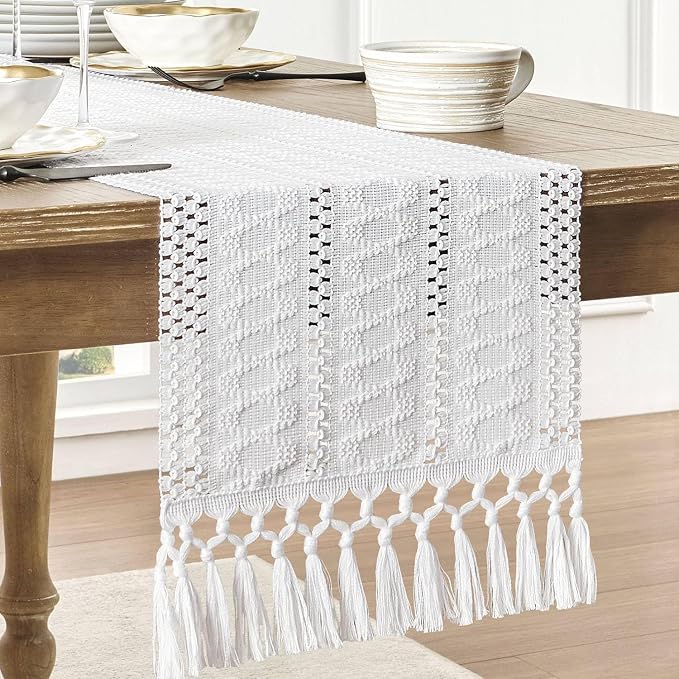 ZeeMart Macrame Style Boho Table Runner, White Table Runners 48 Inches Long, Farmhouse Woven Home Decor, 12x48 Inch, White