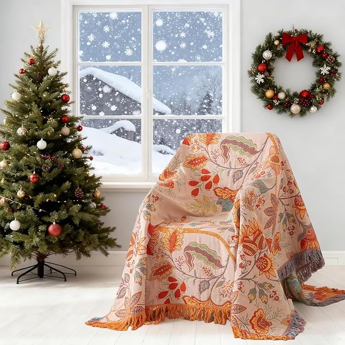 Boho Throw Blanket for Bed 100% Cotton Bohemian Blankets Ultra Soft Woven Muslin Decorative Blankets All Seasons Vintage Quilt Knitted Blanket for Sofa Chair(Orange, 50"x60")