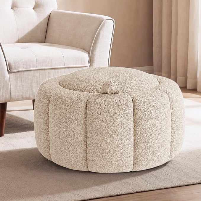 Tbfit Round Storage Ottoman - No Assembly Required, Storage & Sturdy Structure Multi-Functional Seat/Footrest for Living Room, Bedroom & Kids Room Soft Fabric for Family Home Use, White