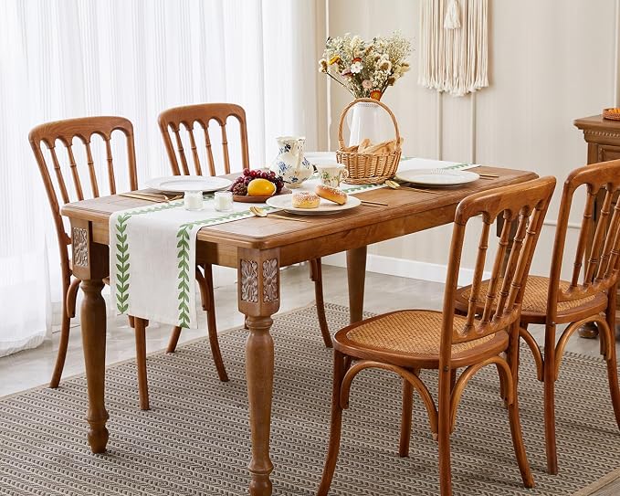 Wracra Embroidered Table Runner Irregular Willow Leaf Table Runners 90 Inches Long for Dresser Home Dining Table Decor,14 x 90 Inch, Green