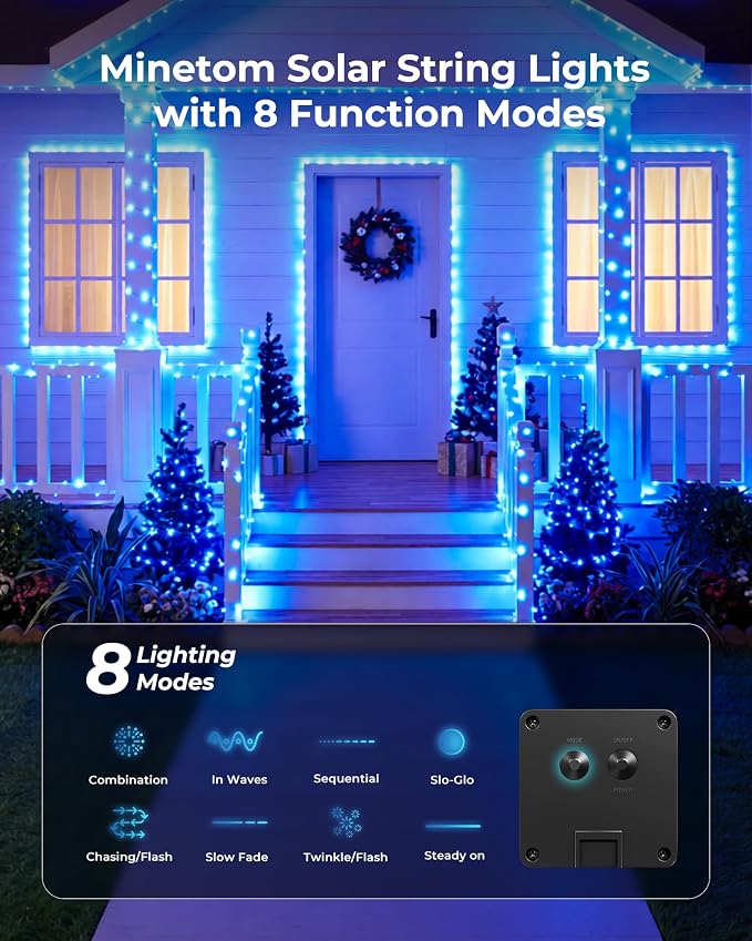 Minetom Solar String Lights for Outside, 33Ft 100 LED Outdoor Solar Fairy Lights, 8 Modes Balcony Lights for Tree Patio Christmas Party Decor (Blue and White)