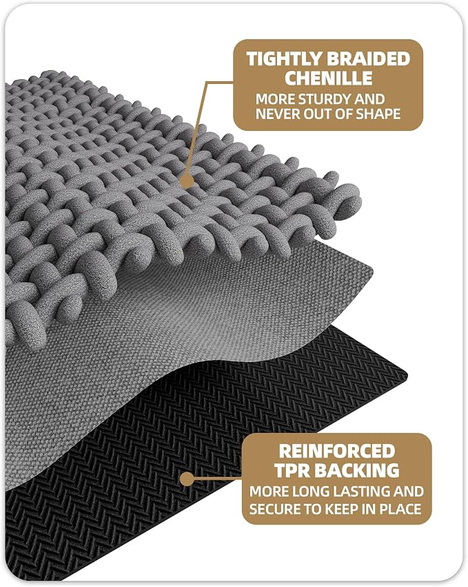 Color&Geometry Rubber Backed Waffle Bath Mat 60x24, Non Slip Water Washable Bathroom Rugs, Soft Absorbent Chenille Boho Carpet for Bathroom Floor, Tub and Shower, Black