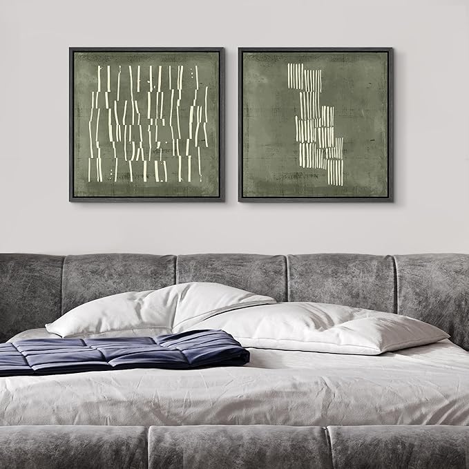 SIGNFORD Framed Canvas Print Wall Art Set Fragmented Lines in Green and White Illustrations Modern Art Minimal Relax/Calm for Living Room, Bedroom, Office - 24"x24"x2 Black