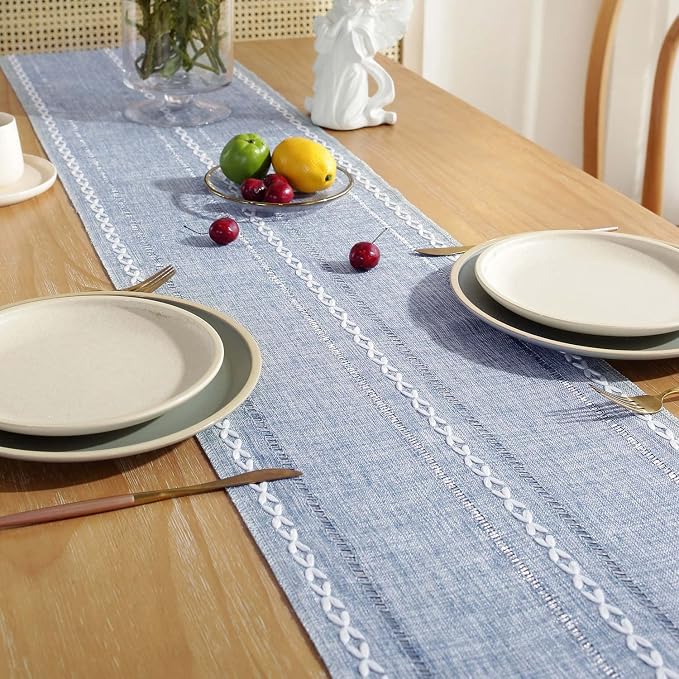 Yicorgard Farmhouse Table Runner Rustic Style 13“ x 72”, Braided Striped Linen Rustic Table Runner 72 Inches Long with Tassels for Dining Room Kitchen Reading Dresser Décor,Blue