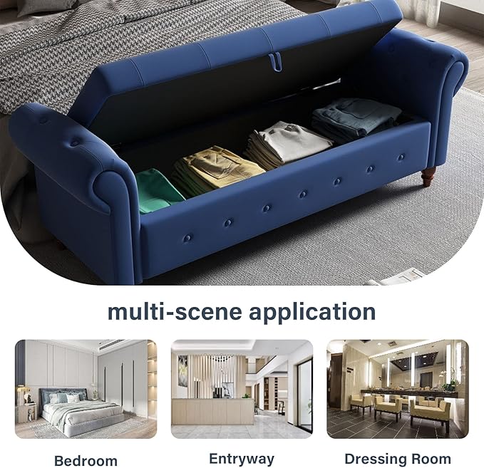 ODUWA 63 Inch Upholstered Tufted End of Bed Storage Bench with Arms,Larger Storage Space, End of Bed Bench for Bedroom Living Room Entryway (Blue-Fabric)