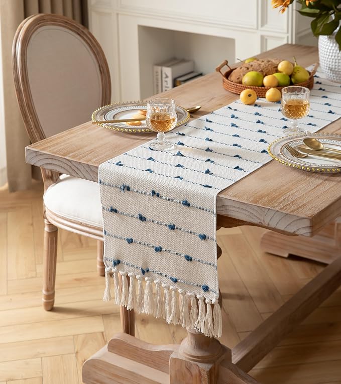Caflife Boho Table Runner 72 Inchs Long for Modern Farmhouse Room Home Decor, Blue and Beige Coffee Table Runner, Natural Cotton Woven with Tassels Neutral, for Kitchen Dining Table Decor