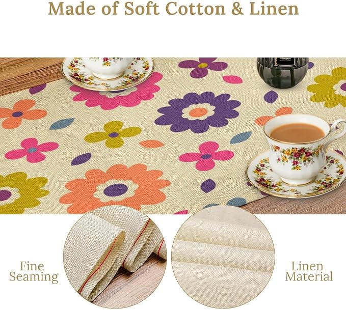 Retro Florals Table Runner Vintage Gardern Flowers Hippie Groovy Seasonal Spring Farmhouse Country Dinner Runner for Home Kitchen Dining Table Party Holiday Decor 13"x120"