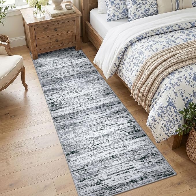 Lansny Modern Abstract Runners for Hallways 2x8, Washable Runner Rug Non-Slip Indoor Soft Thin Hallway Runner Rugs, Print Faux Wool Kitchen Runners Floor Carpet for Entryway Bedroom, Black Grey White